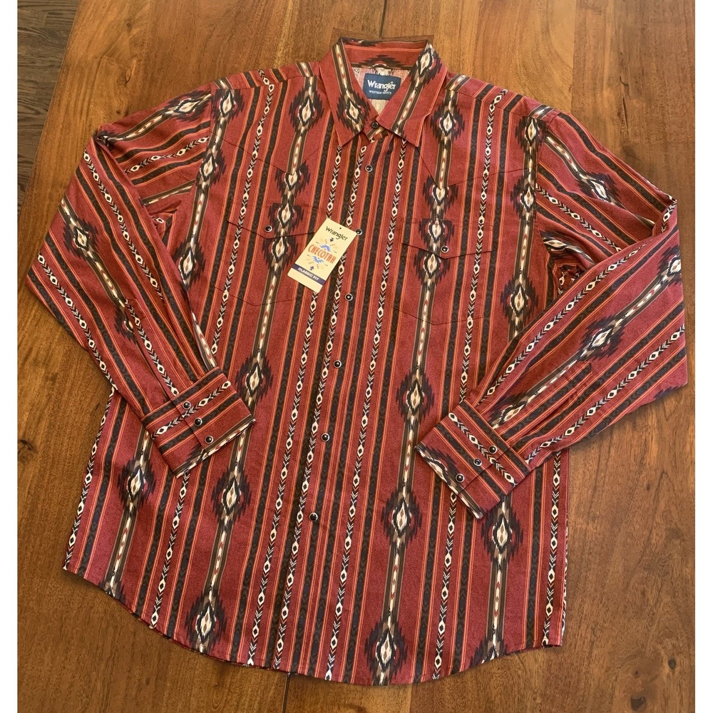 Wrangler Checotah Shirt NEW Mens L Red Aztec Southwestern Rodeo Cowboy Cotton
